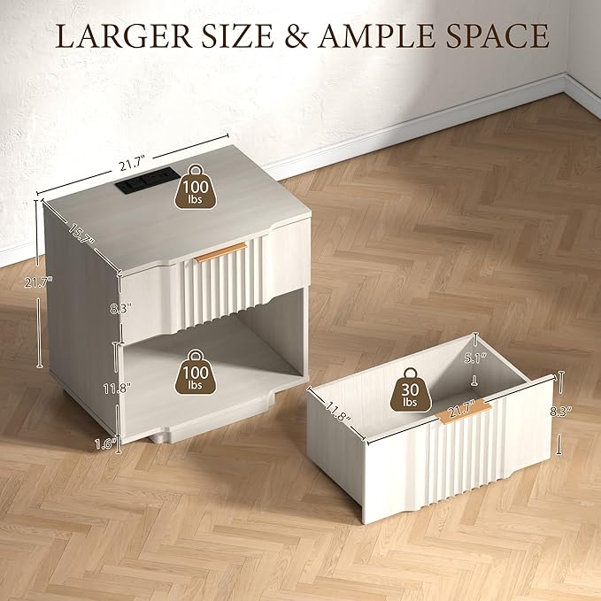XIAO WEI End Table with 20W Fast Charging Station Set of 2,Fluted Side Table with Storage,End Table with Drawers,Sofa Table for Living Room, White