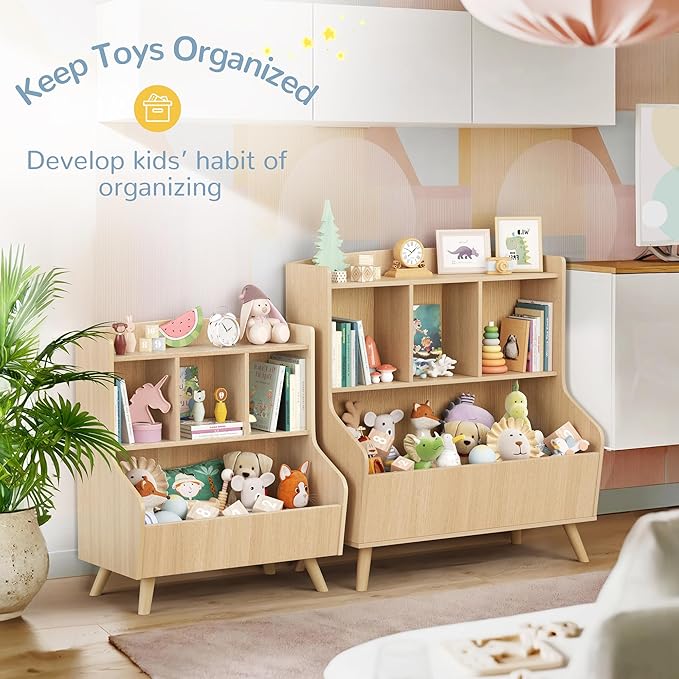 Curipeer Kids Bookshelf and Toy Storage, 3-Tier Wooden Bookcase, Baby Book and Toy Storage Display Organizer with Spacious Top Shelf for Children, Family, Natural Wood Color(Large Size)