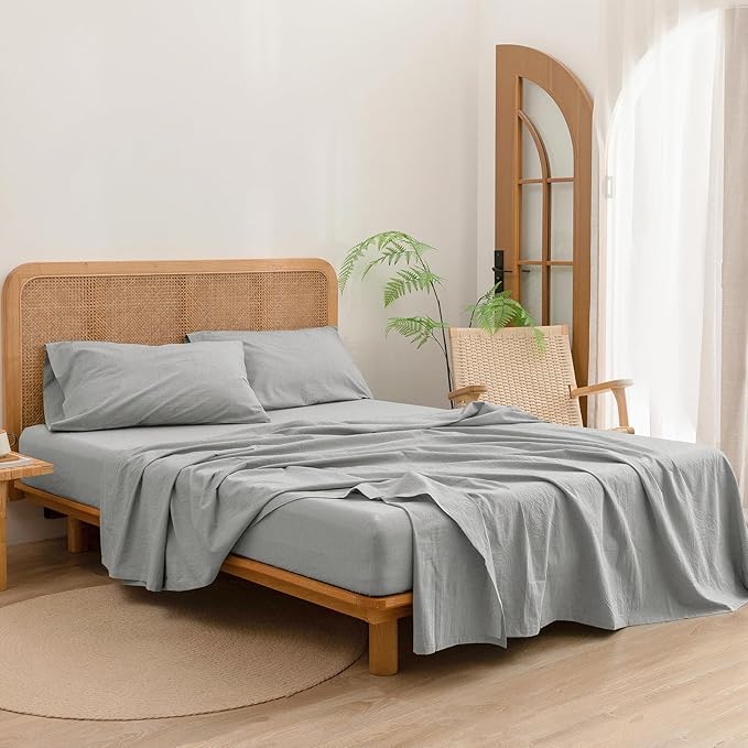 BESTOUCH Sheet Set 100% Washed Cotton Linen Feel Super Soft Comfortable Chic Lightweight 4 Pcs Home Bedding Set Solid Light Grey Cal King