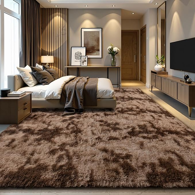 EVOIONOS Area Rug for Bedroom Living Room, Machine Washable 5x7 Fluffy Shag Rug, Soft Plush Non Slip Carpet for Indoor Floor Bedside Nursery Kids Girls Room Dorm, Home Decor Aesthetic, Tie-Dyed Coffee