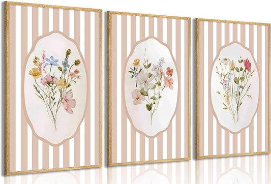 3Pcs Pink Flower Wall Art Light Pink Striped Plant Painting Picture Wall Decor Elegant wildflowers Poster Print Artwork for Bedroom Preppy dormitory Living Nursery Room Home Decoration