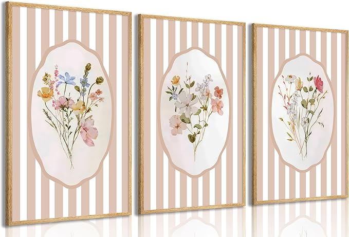 3Pcs Pink Flower Wall Art Light Pink Striped Plant Painting Picture Wall Decor Elegant wildflowers Poster Print Artwork for Bedroom Preppy dormitory Living Nursery Room Home Decoration