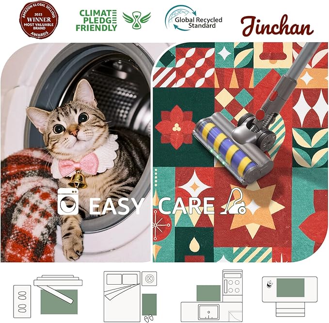 jinchan Christmas Rug 2x3 for Entryway Washable Christmas Kitchen Rug Xmas Geometric Doormat Non-Slip Soft Small Carpet Festive Red-Green Holiday Patch Decor for Front Door Bathroom Porch Bedside
