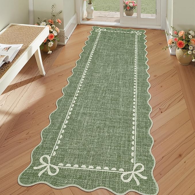 GarveeHome Scalloped Bow Rug for Living Room, Solid Green Rug for Dorm, Washable Runner Rug 2.5x8 Soft Low Pile Non Slip Scalloped Rugs for Nursery Bedroom Decor Hallway Entryway Playroom