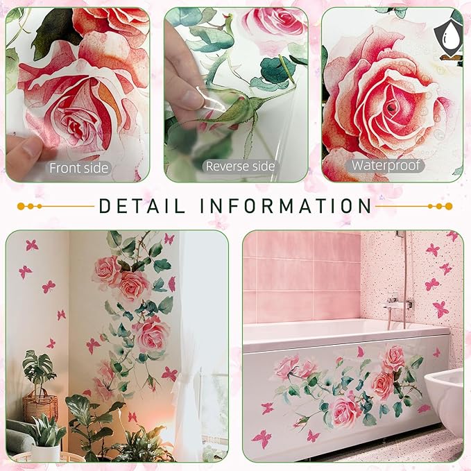 2Sheets Removable Pink Rose Vine Flowers Decals Green Leaves Decals DIY Pink Butterfly Wall Decal Self-Adhesive Wall Art Decor for Girls Room Living Room Bedroom TV Backdrop Decor