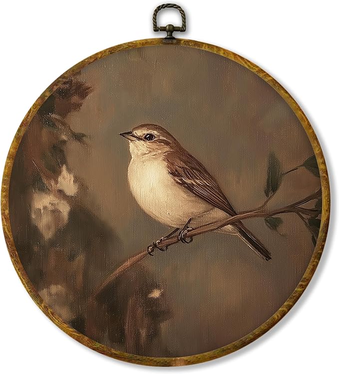 Hiuwevt Vintage Moody Bird Round Wall Art Decor, Dark Cottagecore Bird Framed Canvas Prints, Rustic Birding on Branch Round Wall Hanging Decor for Home Bedroom Living Room Decorations, 10x10 Inches