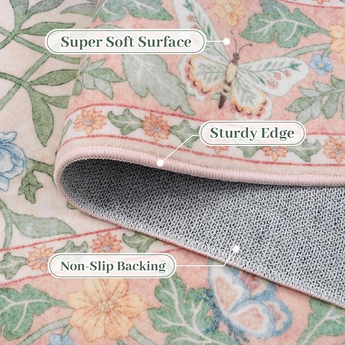 Collive Washable 6x9 Butterfly Area Rug, Pink Boho Floral Rugs for Girls Room, Soft Retro Non Slip Ultra Thin Insect Floor Carpet for Bedroom Living Room Playroom Nursery