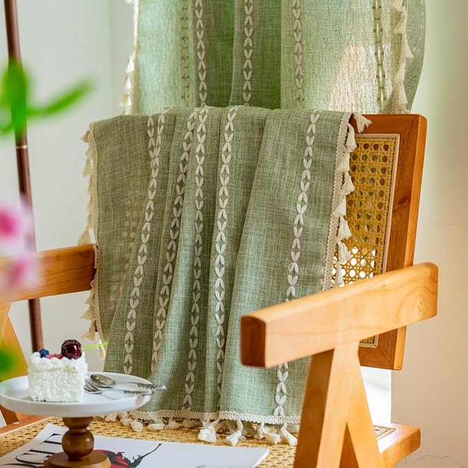 Deeprove Sage Green Boho Curtains 90 inches Length for Living Room Bedroom Nursery, Vintage Chic Bohemian 90 inches Long Embroidery Farmhouse Tassel Privacy Window Treatments W52 x L90, 1 Panel