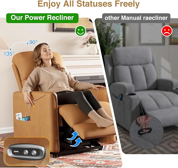 Adjustable Power Recliner Chair, Comfy PU Leather Electric Recliner Chair, Power Recliners with USB Port, Eco-Certified Small Recliners for Small Spaces Sofa Reclinable, Brown
