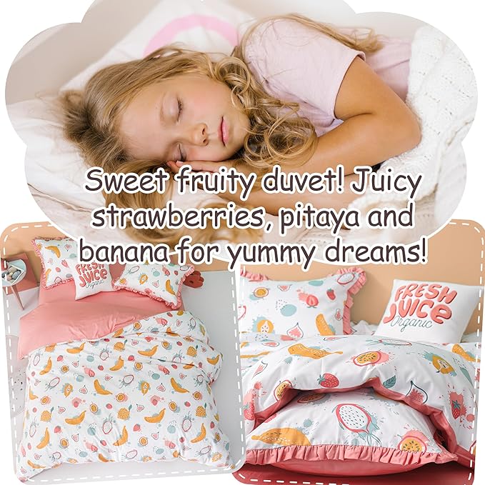 Simple&Opulence 100% Organic Cotton Duvet Cover for Kids Teens, 4 Piece Soft Cartoon Comforter Cover with Zipper Closure, Kawaii Girls Bedding Set with Colorful Fruits Pattern, Full/Queen