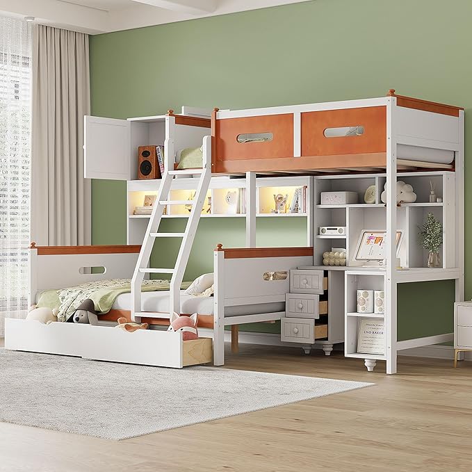 Twin Over Full Bunk Bed with Desk and Drawers, Wooden Bunk Bed with Shelves and Cabinet for Kids Teens Adult Bedroom, Space Saving Design