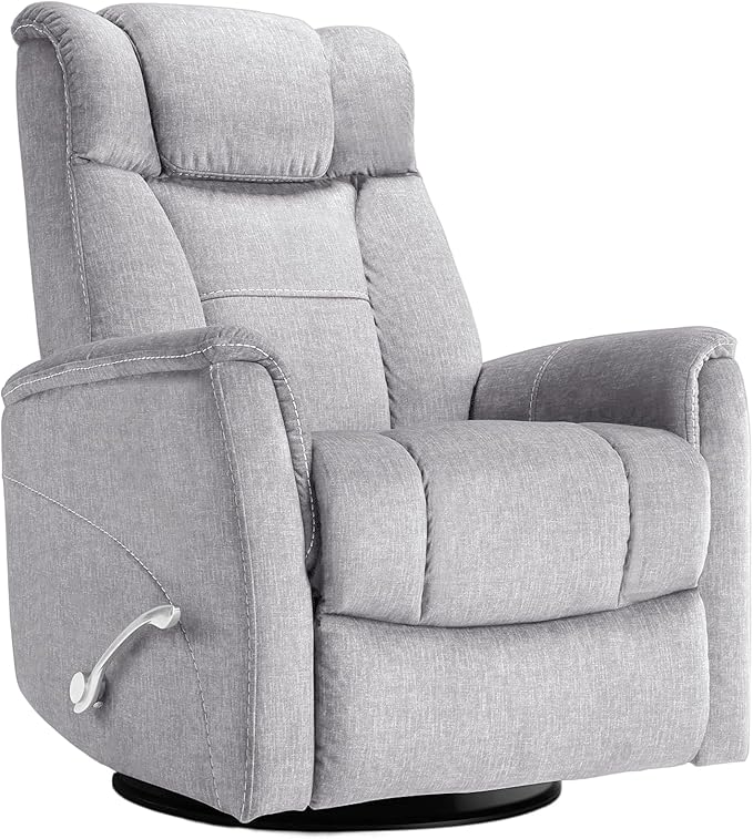 Swivel Rocking Recliner, 360° Manual Comfy Nursery Glider Rocker Chair for for Adults, Upholstered Soft Fabric Reclining Chair with Lumbar Support for Living Room (Silver Grey)