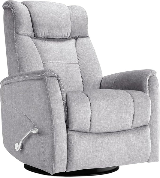 Swivel Rocking Recliner, 360° Manual Comfy Nursery Glider Rocker Chair for for Adults, Upholstered Soft Fabric Reclining Chair with Lumbar Support for Living Room (Silver Grey)
