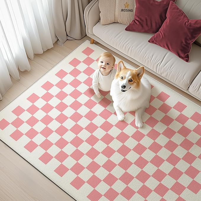 Washable Checkered Rug, 8x10 Pink Checkerboard Modern Boho Foldable Large Area Rugs for Living Room, Low Pile Ultra-thin Non-slip Indoor Carpet for Office Bedroom Diningroom Classroom Playroom