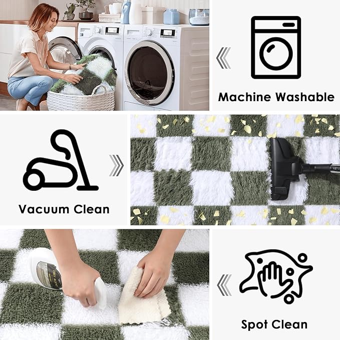 KICMOR Rugs for Living Room 5x8 Olive Green and White, Large Fluffy Soft Plush Checkered Area Rug Big Fuzzy Shag Shaggy Carpet for Bedroom, Indoor Floor Rug for Nursery Kids Childrens Toddler Room