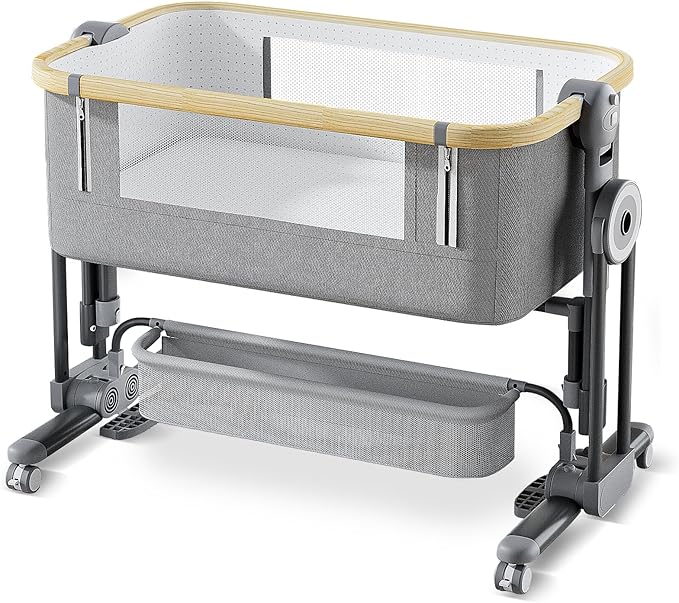 4 in 1Baby Bassinet,Bedside Bassinet for Baby, Rocking Bassinet with Comfy Mattress and Wheels, 7 Height Adjustable Easy Folding Portable Bedside Crib for Newborn
