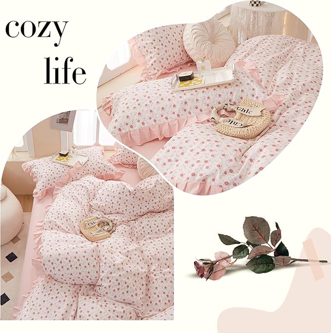 Ruffle Duvet Cover Queen Cute Red Flower Printed Lace Comforter Cover 100% Cotton Floral Duvet Cover Reversible Pink Striped Ruffle Comforter Cover Teen Girls Romantic Princess Bedding Sets Queen