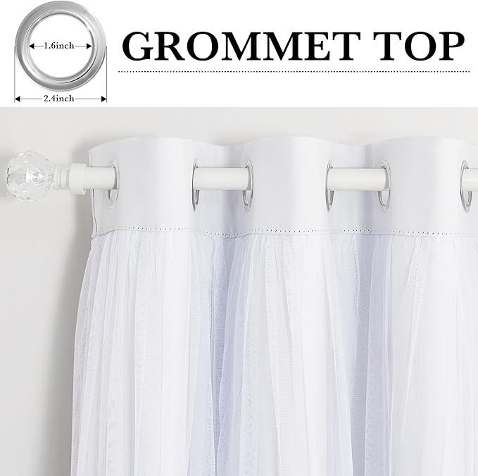 PONY DANCE Bedroom Curtains 63 Inch Length - Sheer Overlay Blackout Curtains, 52 inches Wide, Window Treatment Panels, Cortinas De Sala Elegantes (Winter White, Set of 2, with Extra Tie-Backs)