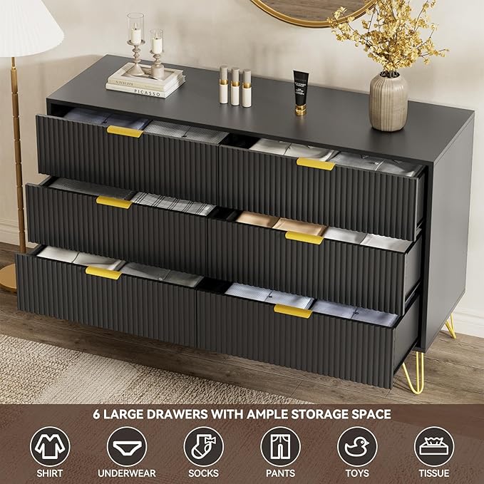 LYNSOM Fluted Dresser for Bedroom, Black 6 Drawer Dresser with Gold Handles and Wide Drawers, Wood Chest of Drawers for Bedroom, Hallway
