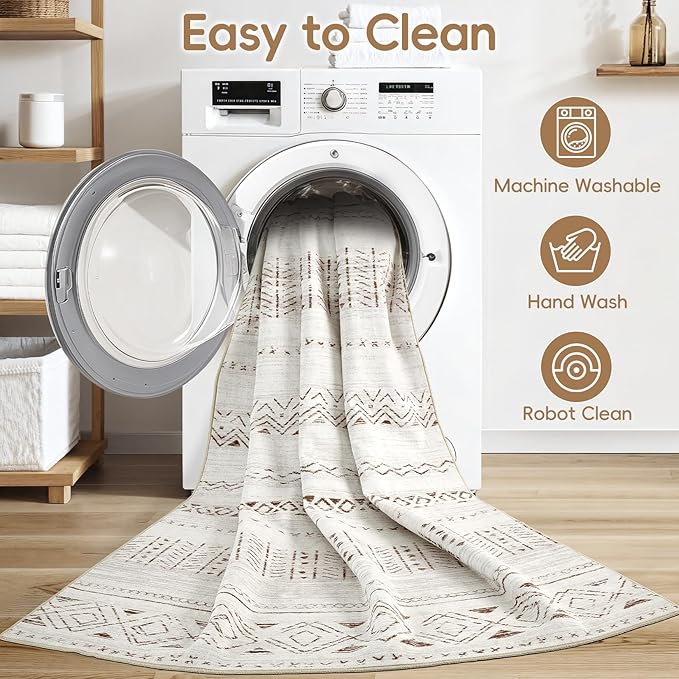 Area Rugs for Living Room Washable Living Room Rug Soft Neutral Indoor Floor Carpet Non-Slip Stain Resistant Modern Boho Rugs for Bedroom Dining Room Kids Room Nursery Office Home Brown/Cream
