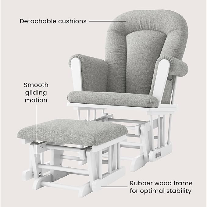 Child Craft Cozy Glider Rocker and Ottoman Set, Padded Cushion with Convenient Storage Pockets, Solid Wood Base & Frame (Matte White with Gray Cushion)