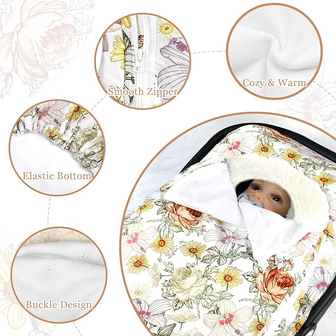 Winter Car Seat Cover for Babies Girl Boy, Super Warm Plush Fleece Infant Carseat Cover for Stroller Car Seat, Double Sides Zipper Winter Car Seat Canopy for Newborn, Yellow Vintage Floral