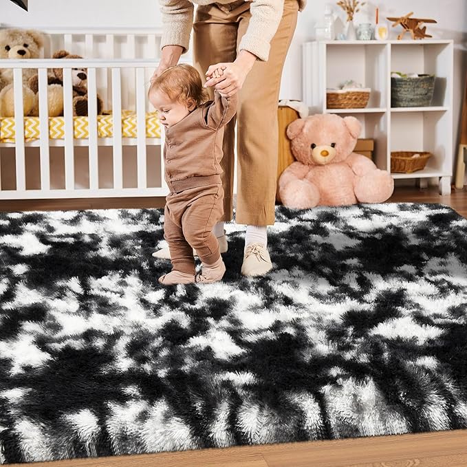 Merelax Soft Area Rugs for Livingroom Bedroom, Shaggy Plush Fuzzy Fluffy Carpet Furry Fur Rug, Modern Indoor Comfy Nursery Kids Dorm Home Decor Floor Mat, 5 x 8 ft, Tie-Dyed Black & White
