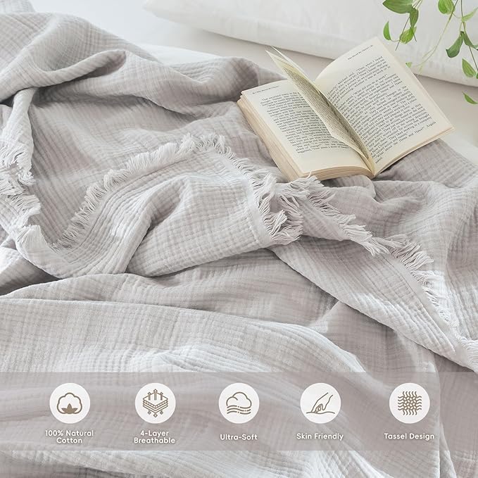 MooMee Muslin Blanket - 100% Cotton 4-Layer Gauze Throw Blanket with All-Around Fringe, Ultra-Soft Breathable Lightweight Cooling Decorative for Bed, Sofa & Couch (Light Grey,King 104" x 90")