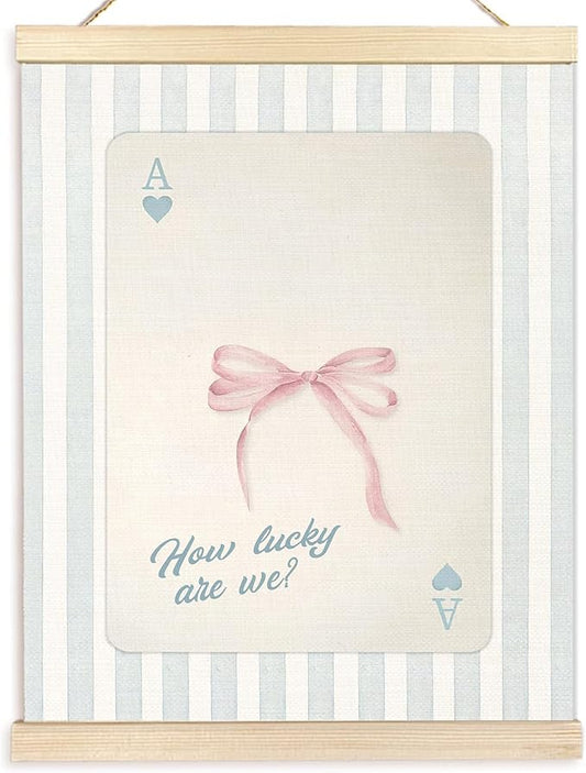 BESERH Coquette Pink Bow How Lucky Are We Wall Art Posters, Coquette Room Wall Decor, Preppy Blue Striped Trendy Playing Card Canvas Prints Artwork Framed for Girls Bedroom Dorm Apartment, 12x16 Inch