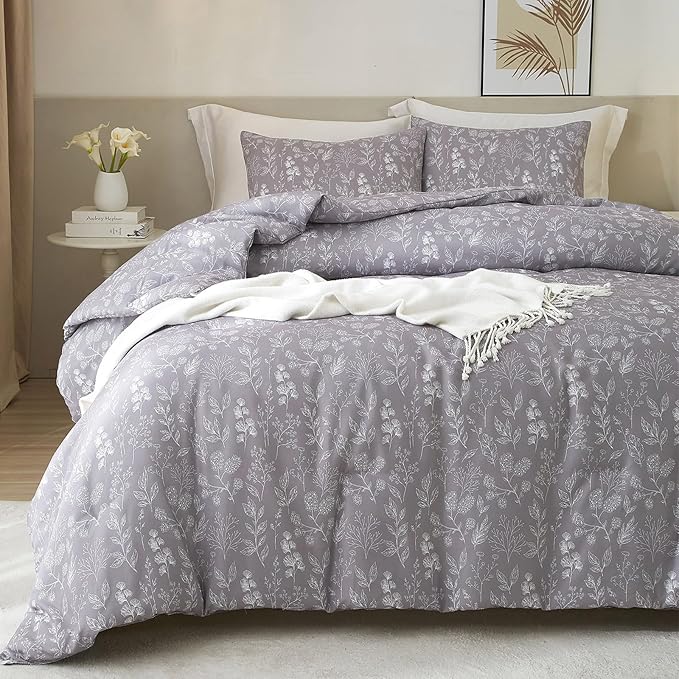 HighBuy Garden Floral Duvet Cover Queen Girls 100% Cotton Lavender Botanical Boho Bedding Set Queen Vintage Chic Floral Bed Comforter Cover with 2 Pillowcases Lightweight Aesthetic Duvet Cover Set