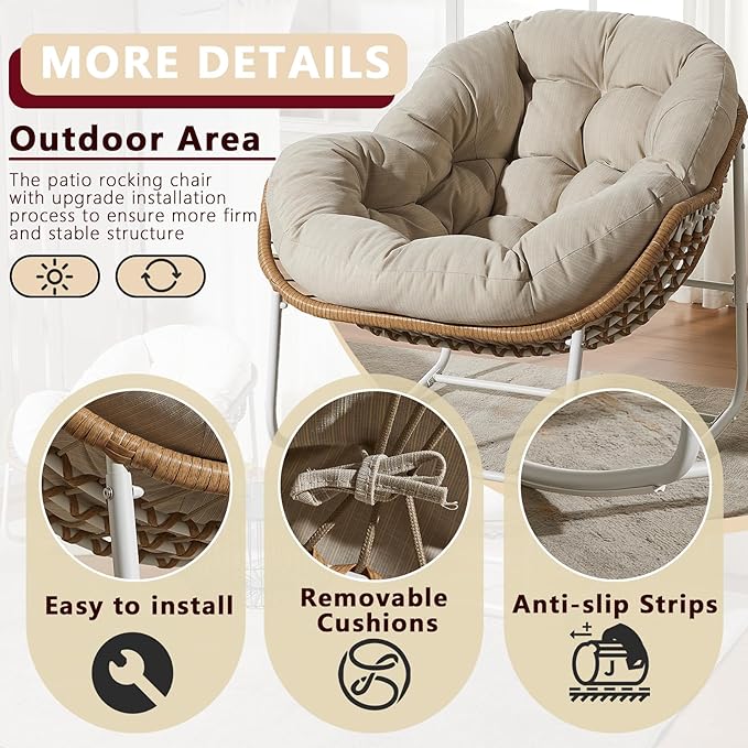 Oversized Outdoor Papasan Rocking Chair with Soft Cushion, Comfy Patio Egg Chair, Wicker Lounge Rocker for Balcony/Porch/Garden, Reinforced All Weather Rattan Frame, 330 lbs Support, Beige and White