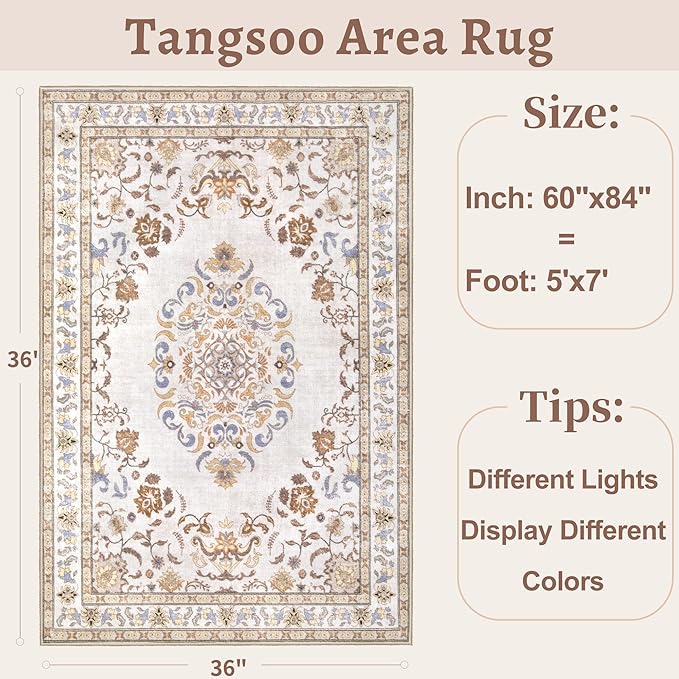 Tangsoo 5x7 Washable Area Rug, Non Slip Boho Neutral Persian Rug for Bedroom Living Room, Vintage Beige Tan Soft Low Pile Floor Indoor Carpet for Bathroom Office Kid & Pets Friendly Home Decor