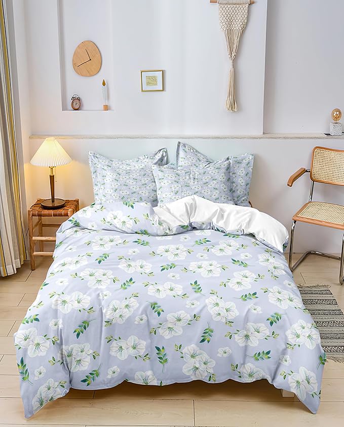 Soft Aesthetic Floral Print White Duvet Cover Pink Rose Pattern Girls Striped Bedding 1 Duvet Cover 2 Pillowcases King Size with Zipper Ties for Teenage Girls