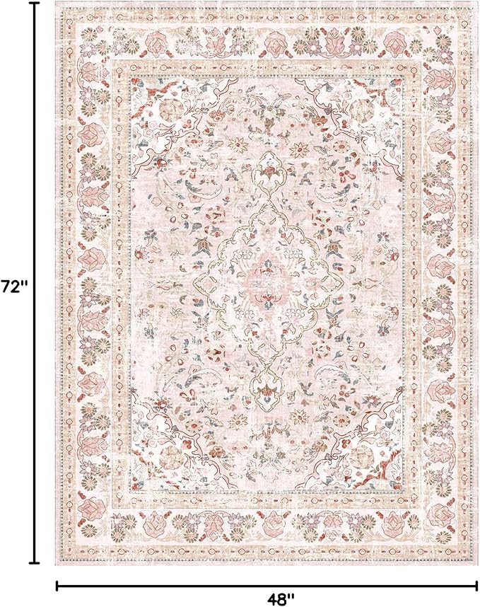 Vhong Pink Area Rugs Washable Boho Vintage Modern Neutral Small Carpet 4×6 High Traffic Rugs for Dinning Room Living Room Bedroom Girls' Room Nursery Room Non Slip