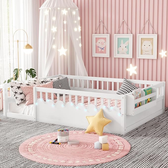 Full Toddler Floor Bed with High Rails, Wooden Montessori Bed Frame with Light and Storage Shelf, Full Size Bed Frame for Kids, Boys and Girls, White