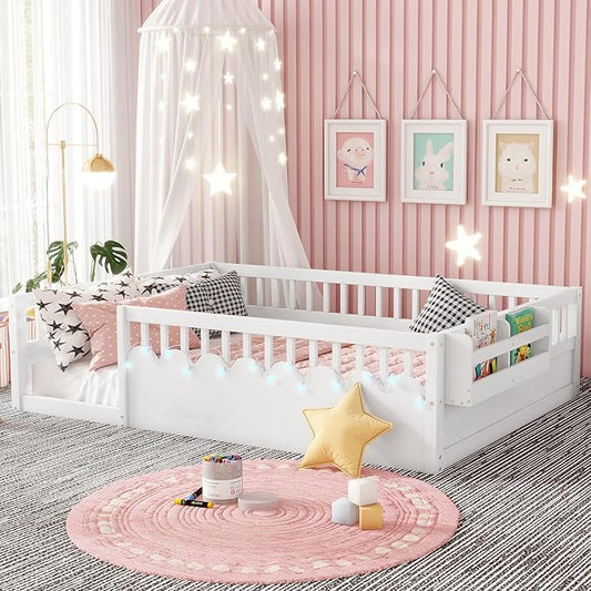 Full Toddler Floor Bed with High Rails, Wooden Montessori Bed Frame with Light and Storage Shelf, Full Size Bed Frame for Kids, Boys and Girls, White