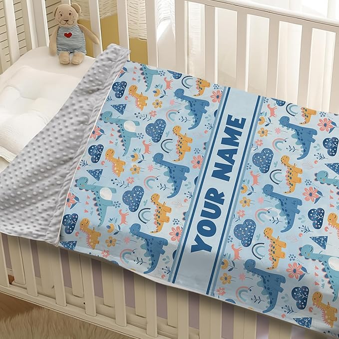 Personalized Baby Blankets for Boys Girls, Custom Baby Blanket with Name, Receiving Swaddle Blanket Suitable for Infants & Toddler, Nursery Newborn Baby Crib, Dino(30”x40)
