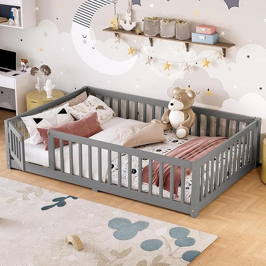 Full Size Floor Bed with Fence and Lockable Door, Wood Montessori Bed Frame with Slat Support for Kids,Boys,Girls,Easy Assembly, Gray