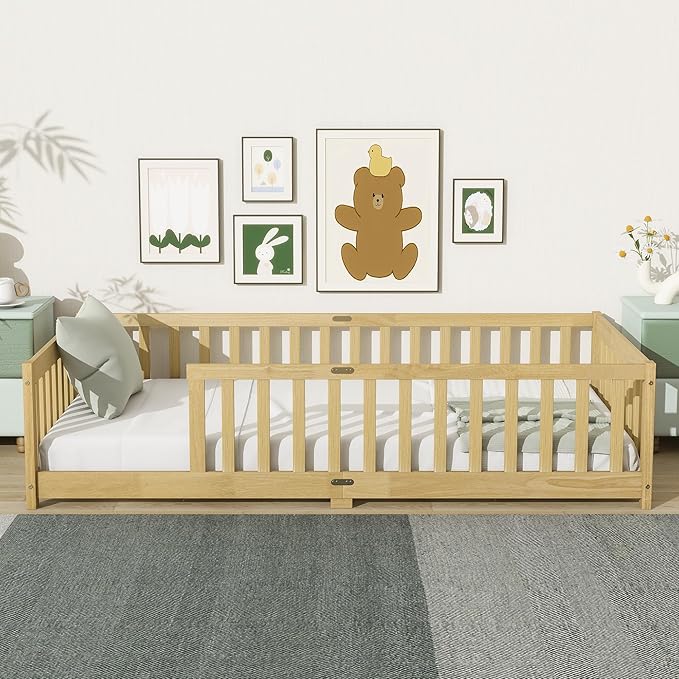 Ball & Cast Twin Size Floor Bed Frame,Montessori Floor Bed with Safety Fence,Wood Platform Toddler Bedframe for Girls Boys,Bedroom,Playroom,Easy Assembly & No Box Spring Needed,Natural