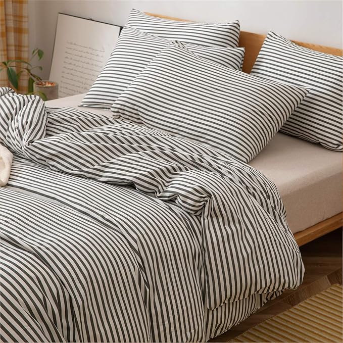 JELLYMONI 100% Natural Cotton 2pcs Striped Duvet Cover Sets,White Duvet Cover with Dark Grey Stripes Pattern Printed Comforter Cover,with Zipper Closure & Corner Ties(Twin Size)