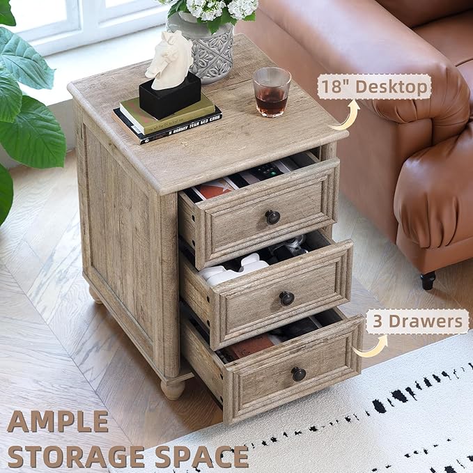 18" Farmhouse Night Stand, Wood Nightstand with 3 Drawers, Grey Bedside End Table with Storage and Roman Column, Bed Side Tables Cabinet for Bedroom, Living Room, and Closet