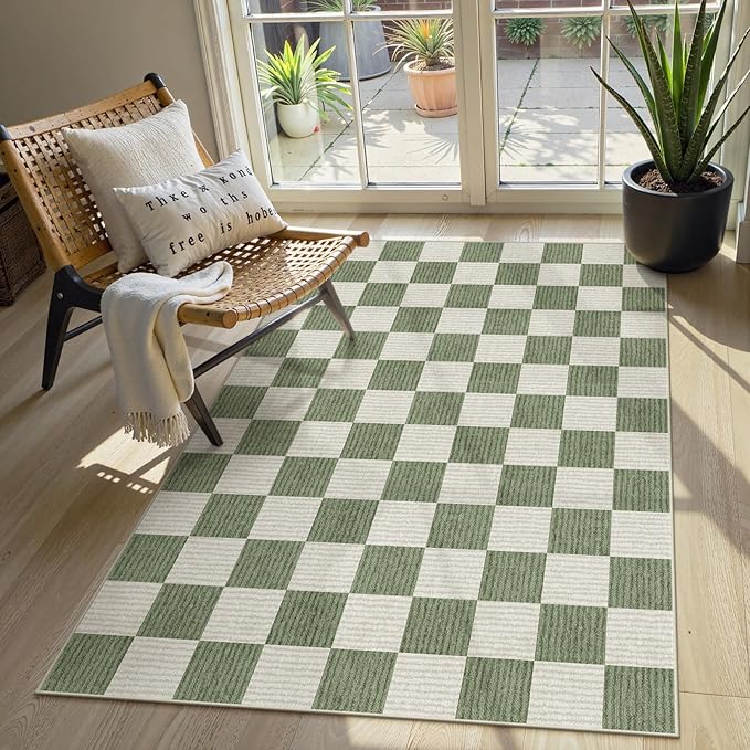 LIVEBOX 4x6 Washable Area Rug Checkered, Non-Slip Small Entryway Rug Green Farmhouse Neutral Classic Geometric Boys Rug for Bedroom Living Room Low-Pile Carpet for Indoor Kitchen(Sage Green 4'x6')