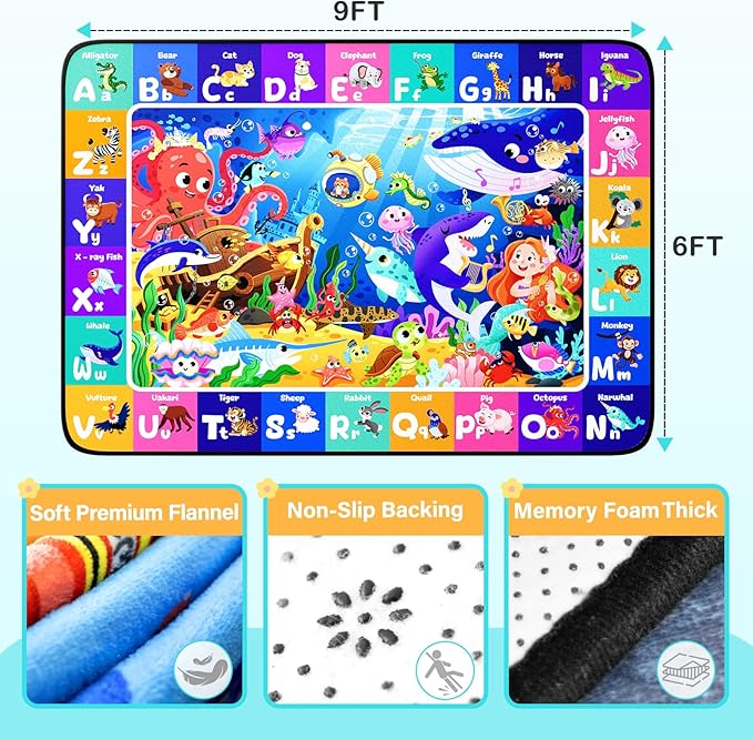Ocean ABC Rug for Kids Playroom 6x9FT Sea Animals Kids Rugs Non-Slip Play Carpet Baby Play Mat for Floor Washable Alphabet Nursery Preschool Daycare Classroom Carpet