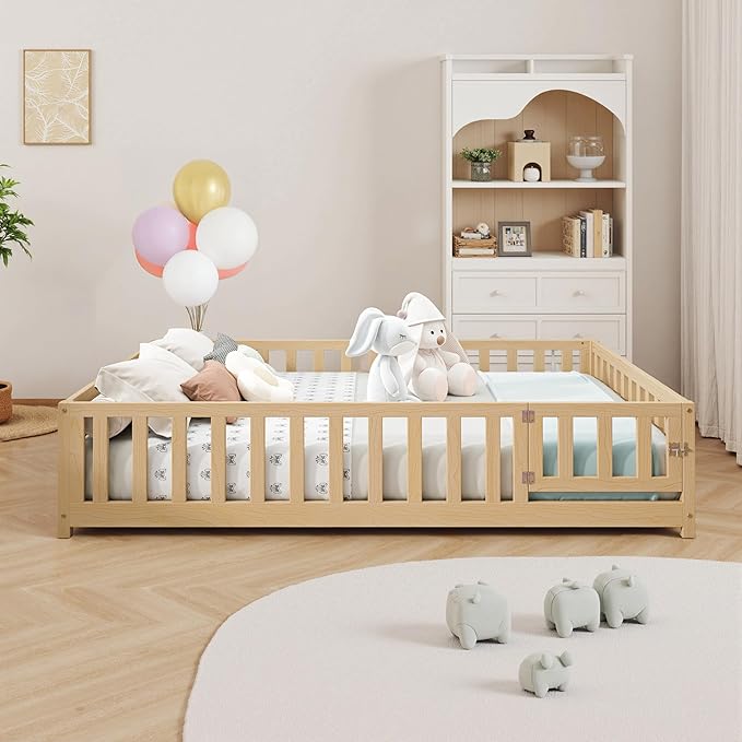 Full Size Floor Platform Bed with Fence and Lockable Door, Wood Montessori Bed Frame with Slat Support for Kids,Girls,Boys, Easy to Assemble,Natural