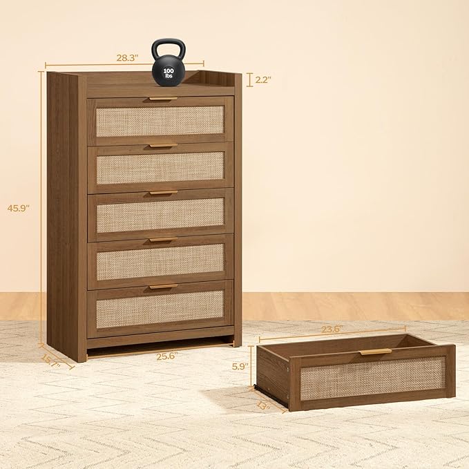 SICOTAS Dresser for Bedroom Chest of Drawers 46" Tall Dresser for Closet with 5 Rattan Drawers Boho Night Stand Large Clothes Storage Cabinet for Living Room Hallway Nursery Entryway