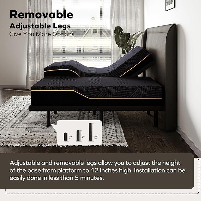 EGOHOME Adjustable Bed Frame Queen and 14 inch Memory Foam Mattress, Independent Head and Foot Incline Electric Bed with Massage, Wireless Remote, Zero Gravity, 2 USB Ports, Adjustable 12" Legs