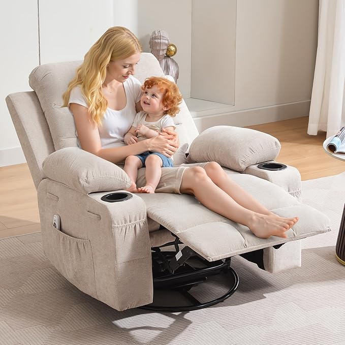 Recliner Chair Nursery, Oversized Manual Reclining Rocking Chair, 360 Swivel Glider with Cup Holder, Massage and Heat Recliner, Indoor Small Single Sofa Chairs for Adults, RV, Bedroom