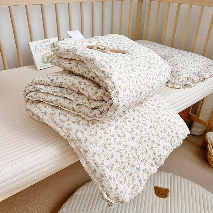 BuLuTu Carmine Flower Blanket for Girls Boys Muslin Cotton Toddler Quilt Kid Bed Soft Toddler Blankets Child Teen Bedding Decor Birthday Gifts, Camellia Pattern, 47x59 Inches