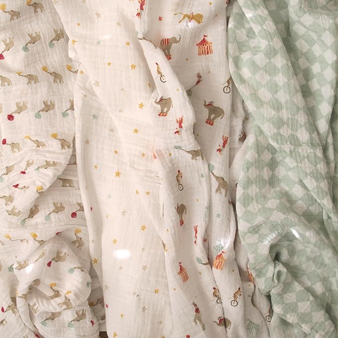 aden + anais Essentials Baby Muslin Swaddle Blankets, Newborn Receiving Blanket for Swaddling, 100% Cotton Baby Swaddle Wrap, 4 Pack, Elephant Circus