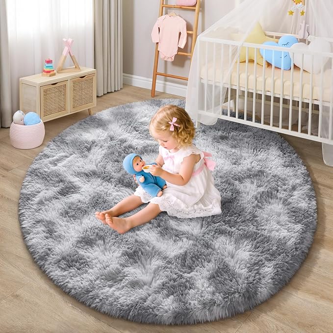 EVOIONOS Tie-Dyed Light Grey Round Rug for Bedroom, 4x4 Ft Fluffy Soft Circle Area Rugs for Living Room, Plush Shaggy Circular Carpet for Indoor Floor Bedside Kids Nursery, Home Decor Aesthetic